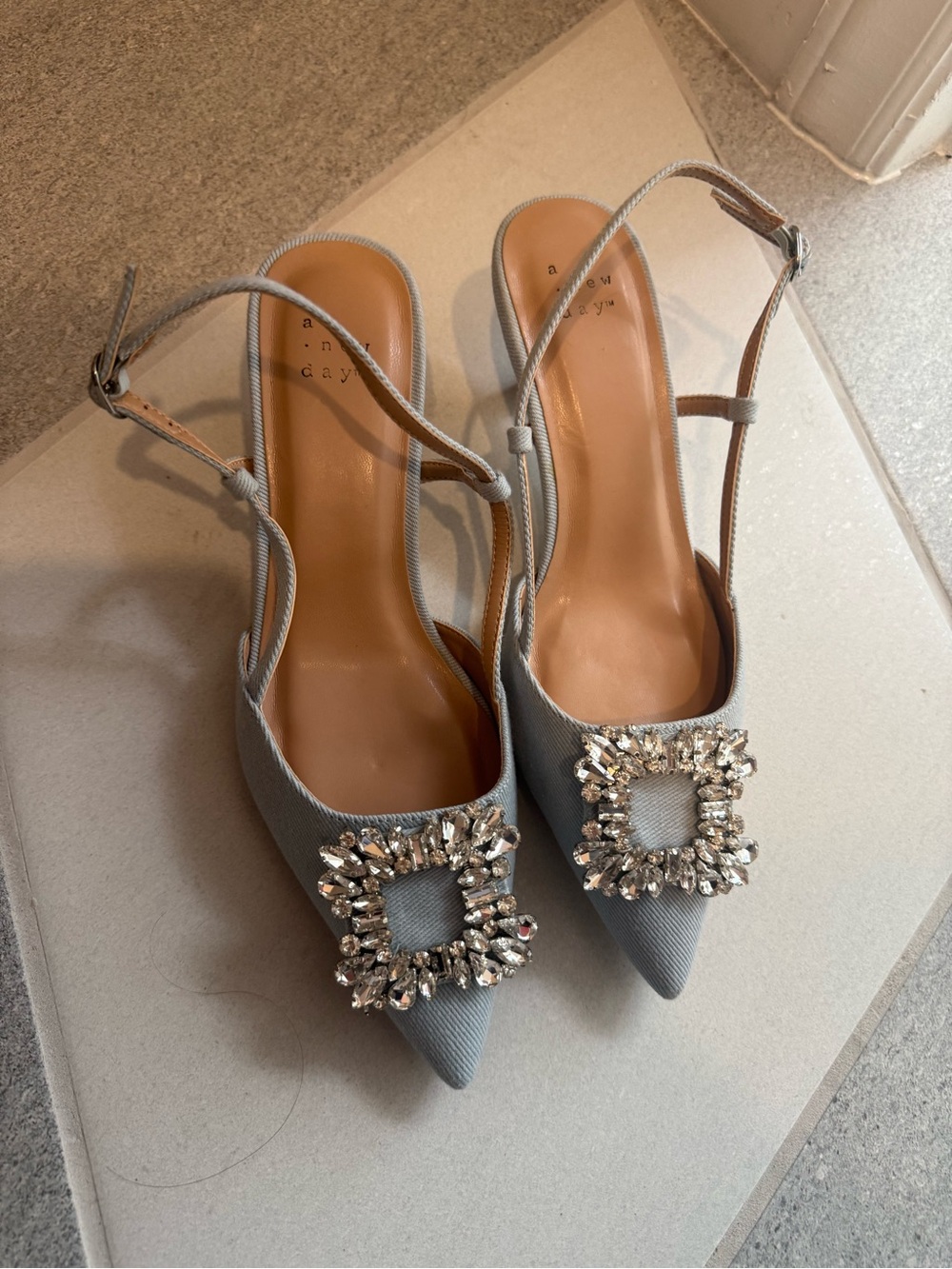 a new day Light blue denim Pointed Slingback Heels with Crystal Buckles